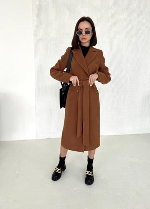 Шикарное классическое женское длинное кашемировое пальто с поясом2 фото
