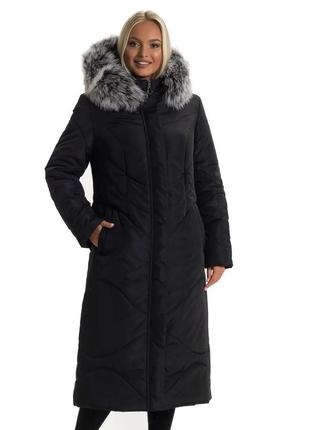 Черное зимнее фабричное женское пальто с мехом3 фото