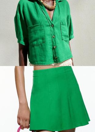Zara зеленая льняная юбка в наличии6 фото