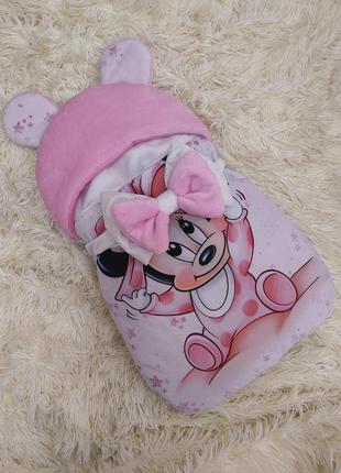 Теплый спальник - конверт для новорожденных девочек, принт minni с бантиком, розовый
