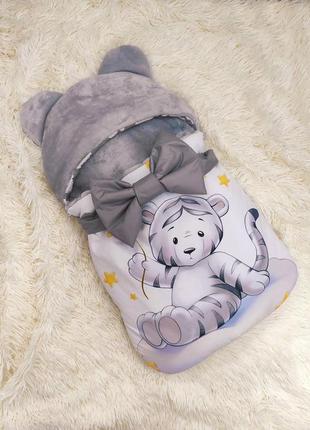 Дитячий конверт - спальник для новонароджених, принт "тигреня" сірий, з плащової тканини на махрі