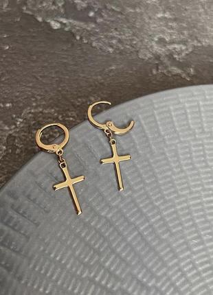 Серьги крестики, медзолото, хрестики, сережки