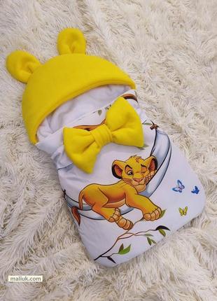 Спальник конверт для малышей, принт львенок симба, из плащевой ткани на махре