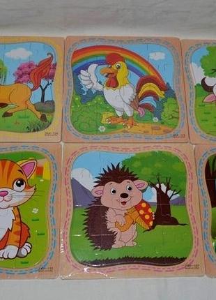 Деревянная игрушка пазлы 16 элементов с подложкой животные разные