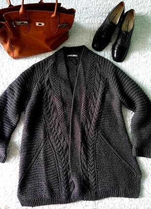 Серое вязаное пальто, удлиненная кофта кардиган, крупная вязка, р.14-16 или оверсайз