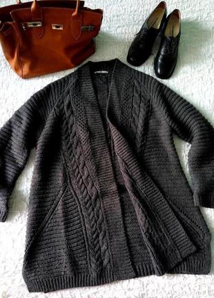 Серое вязаное пальто, удлиненная кофта кардиган, крупная вязка, р.14-16 или оверсайз2 фото