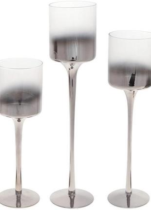 Набор 3 стеклянных подсвечника "серебряный градиент" 25см, 30см, 35см, серебро