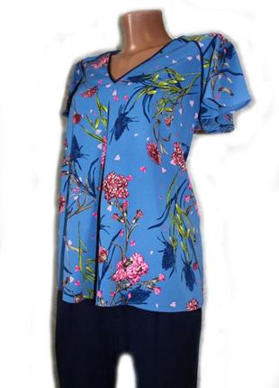 Блуза кофточка синя в принт польових квітів з синіми тоненькими кантами, linntoretto, 40