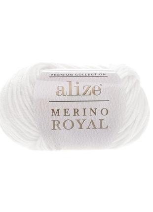 Пряжа для вязания alize merino royal 55 белый ализе мерино роял 100% шерсть
