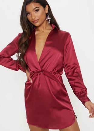 Сукня сорочка шовкова атласна колір марсала бордо1 фото