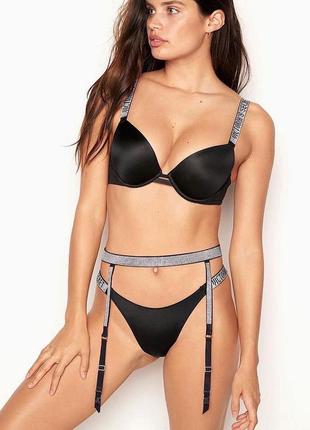 Пояс для панчох victoria's secret shine strap garter belt lace чорний стрази лого вікторія сікрет