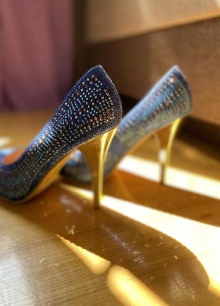 Туфлі вечірні з блискітками, стразами сині,