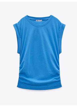 Хлопковая футболка с драпировкой по бокам ✨zara✨ хлопок голубая футболка5 фото