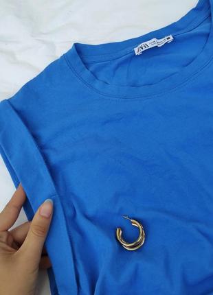 Хлопковая футболка с драпировкой по бокам ✨zara✨ хлопок голубая футболка7 фото