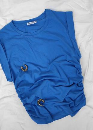 Хлопковая футболка с драпировкой по бокам ✨zara✨ хлопок голубая футболка6 фото