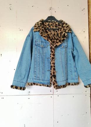 ⛔ двухсторонняя куртка шубка экомех джинсовая джинсовка принт леопард двостороння куртка шубка4 фото