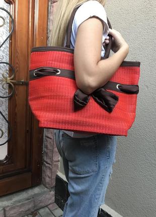 Новая,красная,романтическая,плетёная,летняя,пляжная,шоппер сумка с бантом3 фото