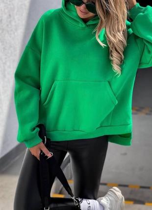 Женское базовое худи oversize на флисе зеленое s-l (42-46) однотонная длинная кофта