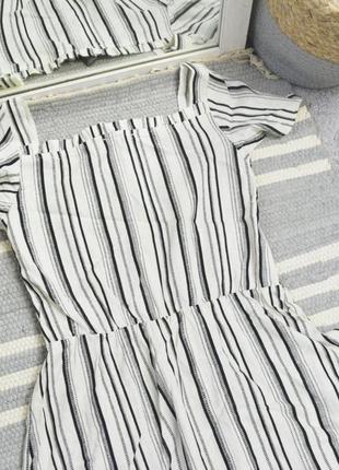 Primark льняне плаття в смужку вертикальну з ґудзиками натуральне біле стяжка топ відкриті плечі8 фото