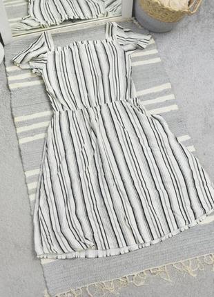 Primark льняне плаття в смужку вертикальну з ґудзиками натуральне біле стяжка топ відкриті плечі6 фото