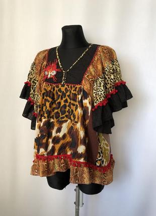 Етно-бохо вільна яскрава блузка печенька бавовна яскрава блуза леопард анімалістичний принт