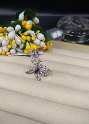 Серебряный капельный кулон подвеска бабочка с синим фианитом 9252 фото