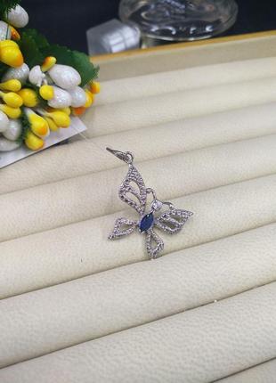Серебряный капельный кулон подвеска бабочка с синим фианитом 9251 фото