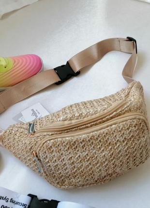 Соломенная плетёная поясная сумка бананка можно носить на пояс и на плечо цвет песочный кемал солом'3 фото