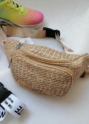 Соломенная плетёная поясная сумка бананка можно носить на пояс и на плечо цвет песочный кемал солом'1 фото