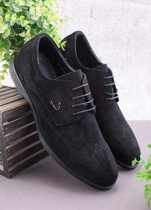 Мужские черные туфли эко замша люкс на шнуровке на каблуке1 фото