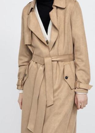 Zara бежевый замшевый тренч миди классика плащ под пояс