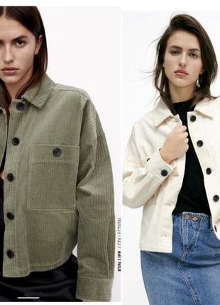 Укорочена вельветова тепла сорочка з нової колекції zara колір молочний і олива