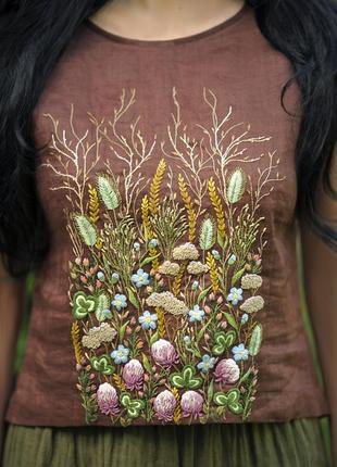 Льняний костюм «літні трави»🤎 з ручною вишивкою