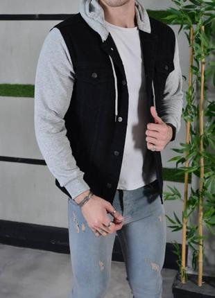 Крута чоловіча джинсовка куртка з текстильними рукавами крутая джинсовка куртка с текстильными рукавами мужская3 фото