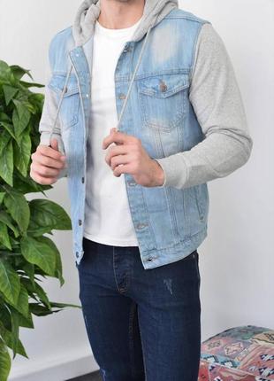 Крута чоловіча джинсовка куртка з текстильними рукавами крутая джинсовка куртка с текстильными рукавами мужская2 фото