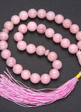 Чотки з натурального каменю рожевий кварц, 33 намистини, гладкий кулька d-12мм+-, вставка рожевий кварц