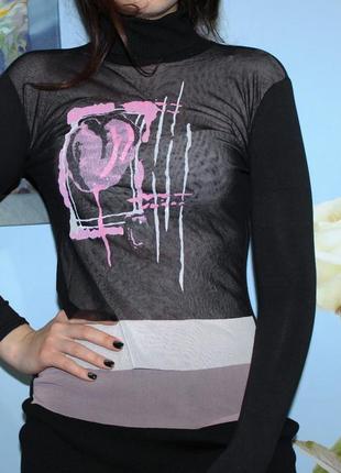 Чорна кофточка з принтом - тонкий трикотаж + сіткова тканина