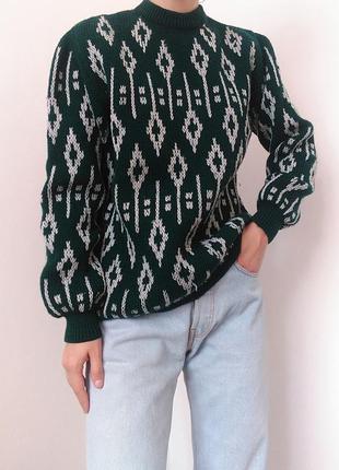 Вінтажний в'язаний светр геометричний принт шерстяний светр джемпер шерсть пуловер лонгслів реглан вінтаж ручна робота5 фото