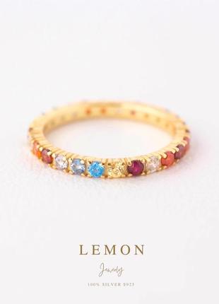 Срібна s 925 каблучка позолочена золотом au 585 -кольцо радуга, разноцветное кольцо, маленькое колечко