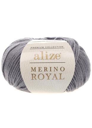 Пряжа для плетення alize merino royal 87 сірий алізе меріно роял 100% вовна