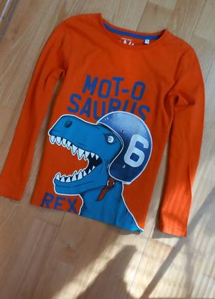 Стильная кофта с динозавром / 128 / оранжевая футболка  с рукавом  / c&a palomino/ стильна кофта з динозавром помаранчева футболка з коротким рукавом