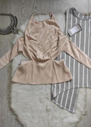 Бежевая персиковая блуза розовый кроп топ атласный шелковый с завязками открытая спина