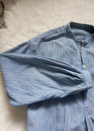 Блакитна щільна сорочка з довгим рукавом туніка без коміра вишиванка під джинс батал5 фото