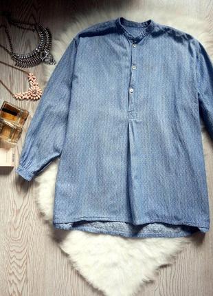 Блакитна щільна сорочка з довгим рукавом туніка без коміра вишиванка під джинс батал2 фото