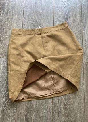 New look 8 s новая горчичная светлая коричневая короткая юбка трапеция текстиль под замш на подкладке4 фото