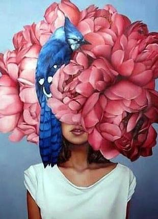 Алмазна вишивка. картина на підрамнику "дівчина з півоніями та пташкою", 40х50см, квадратні стрази