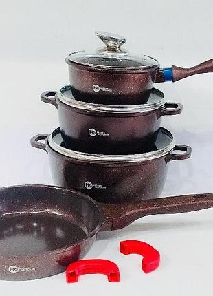 Набір каструль з антипригарним гранітним покриттям higher kitchen пк-307 кавового кольору