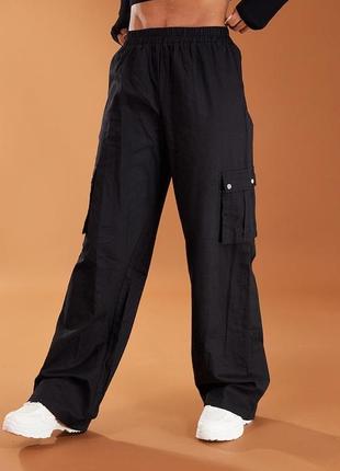 Чёрные широкие брюки карго с высокой талией3 фото