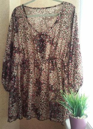 Напівпрозора блузка - туніка в квітковий принт