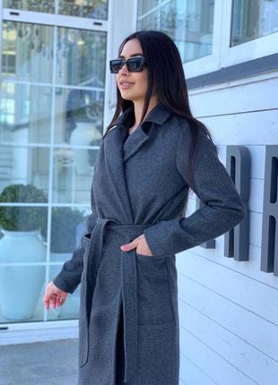 Пальто миди длинное стильное черное бежевое серое с поясом люкс качество кашемировое двубортное с карманами теплое прямого кроя6 фото